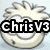 Pixelated cartoon character with spiky light brown hair and a wide smile, overlaid with black text reading 'Chris V3', 'Loves', or 'Puffles' across the face.