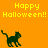 Pixelated orange background with yellow "Happy Halloween!!" text and four black cat silhouettes in walking poses.