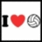 A pixelated image with a white square containing 'I', a red heart, and a volleyball symbol on the left; blue background text reads "you can tell me i'm obsessed because i am!".