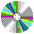 A circular pixelated icon with a gray center and radiating segments in cyan, magenta, green, yellow, blue, and white, arranged in a repeating pattern