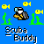 Pixelated underwater scene with scuba diver icon, yellow fish, green seaweed on blue background and "Scuba Buddy" text.
