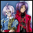 A 48x48 pixel buddy icon featuring two anime-style characters on the left and stylized text on a black background to the right, presented as part of an animated contact sheet with two visible frames.
