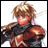 A pixelated anime-style character with blonde hair and red eyes in a dynamic pose, next to stylized text on a black background.
