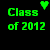 Green pixelated text 'Class of 2012' with a heart symbol above, and a green square containing partial black text on a dark background.