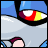Pixelated character with blue helmet and gray body, showing eye detail on left and mouth on right with 'DAMAGE' text below