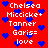 Red background with blue pixelated hearts and repeated white text listing names and 'love' in a pattern