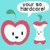 Pixelated image of a red apple with white interior, black eyes and nose, green leaf on top, next to an apple core with stem and seed pattern, against light blue background.