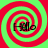 Four identical spiral patterns with red and green concentric rings, each containing the text 'Hello' in black pixelated font.