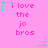 Pink background with repeated text 'i love the jo bros' in pink pixelated font, green and gray star-shaped icons at corners.