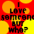 Red background with yellow circular patterns and black text reading "I Love someone but who?" in a pixelated font.
