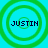 Four identical green concentric circles on cyan background with 'JUSTIN' text in dark blue pixelated font at center of each circle.