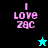 Pixelated text "I Love Zac" in pink on four distinct background colors with two star icons, one cyan and one black.