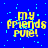 Blue background with scattered cyan pixels, yellow text reading 'my friends rule!' in pixelated font across five repeated sections.