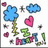 Pixelated static image of various small icons including blue clouds, a pink heart, green shapes, and dark stars on white background.