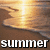 Pixelated beach sunset scene with golden light reflecting on water and brown sand foreground, overlaid by bold white text reading 'summer' in blocky font.
