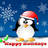 Pixelated penguin wearing red Santa hat with white trim, standing on snow-covered ground against blue background with falling snowflakes.