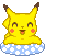 Yellow cartoon character with brown-tipped ears and red cheeks sits on a blue-and-white floral ring, displaying multiple facial expressions