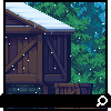 Pixel art scene showing a wooden structure with snow-covered roof, green trees in background, and white dots resembling falling snow.