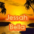 Pixelated image with orange text reading "Jessah Bella" over a sunset background featuring palm trees and water.