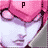 Pixelated character with pink headwear and white face, showing sequential text changes above the head in a