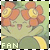 Pixelated cartoon character with green body, orange flower-like head, and yellow accents, displaying a smiling expression with closed eyes and a small open mouth.