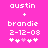 Pixelated text and symbols on a bright pink background with two identical static frames showing 'austin + brandie 2-12-08' followed by five hash-like icons.