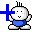 Pixelated character with white face, blue shirt, and black antennae; pink cheeks visible under blue cross symbol on gray background.