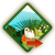 Pixelated diamond-shaped icon with green border, light blue mountain peak, white snow cap, green forest base, and red-orange fish-like shape at bottom.