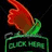 Pixelated red hand points down at green 'CLICK HERE' button with white text, surrounded by black background and scattered pixelated phrases.