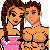 Pixelated cartoon couple in pink and beige outfits, woman with braided hair, man with blue eyes, standing close together in two identical frames.