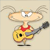 Pixelated character with large round head, two antennae, red collar, and yellow guitar against beige background.