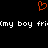 A static pixel art image with a black background, featuring an orange heart symbol above white text reading 'my boy fri' repeated twice.