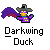Pixel art character with purple cape, gray hat, and yellow face, standing above stylized text reading "Darkwing Duck" on gray background.