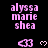 Pixelated pink text 'alyssa marie shea' appears above a heart symbol and two arrow icons on black background, with gray area in bottom-right corner.