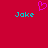 Red background with cyan text 'Jake' on left and right, pink pixelated heart above center.