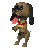 Pixelated dog avatar with brown body, black nose and ears, red collar, yellow bow tie, pink tongue out, standing on hind legs in three