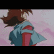 Animated sequence of a character with brown hair and blue eyes in a blue jacket with red sleeves, transitioning from side profile to front view against a pink background.