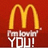 A pixelated static image features a golden arch logo above stylized text on a red background.