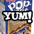 Pixelated image with 'POP' text above a black-bordered speech bubble containing 'YUM!' over a brown textured background.