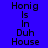 Four display 'Honig Is In Duh House' text with color variations: blue background top-left, purple top-right, red bottom-left, and magenta bottom-right