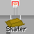 Pixelated animation of a penguin on a skateboard performing tricks above a basketball hoop and brown platform.
