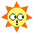 Pixelated sun-shaped icon with yellow face, orange rays, and three distinct expressions: wide eyes with exclamation mark, squinted eyes with exclamation mark, and side-tilted eyes with exclamation mark.