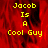 Yellow pixelated text 'Jacob Is A Cool Guy' on a red background with black smudges, transitioning to a gray