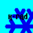 Four blue snowflake-shaped icons with black text 'K-rad' on a cyan background, each showing distinct pixelated variations of the snowflake design.