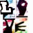 Animated sequence spelling 'LOVE' with stylized letters and a heart symbol, featuring color variations in background elements.