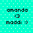 Pixelated cyan background with white dots, displaying four identical text-based icons with 'amanda', '<3', and 'maddi :)' in black pixel font.