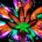 A pixelated abstract composition with vibrant multicolored patterns radiating from a central green core against a black background.