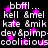 Animated icon with white text and pink stars on black background, repeating phrases like 'bbffl...' and 'kell &mel' in a pattern