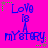 Pixelated blue text 'Love is a mystery' on bright pink background with green and gray star accents, animated by shifting star positions.