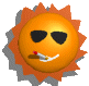 Animated sun-shaped icon with orange rays, black sunglasses, and a cigarette in its mouth against gray background.